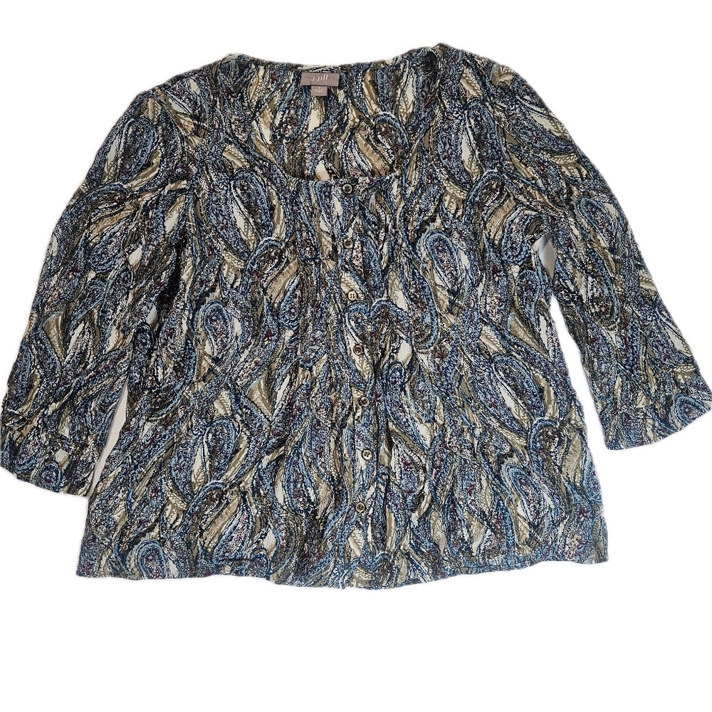 J Jill Blouse Womens Small Blue Beige Paisley Button‎ Front Top 3/4 Sleeve Rayon